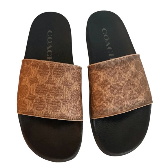 Coach Shoes - Coach Signature Canvas Pool Slide Sandals Tan Brown Logo Size 9 NEW